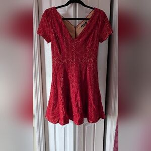Fit And Flare Red Lace Dress With Short Sleeves
